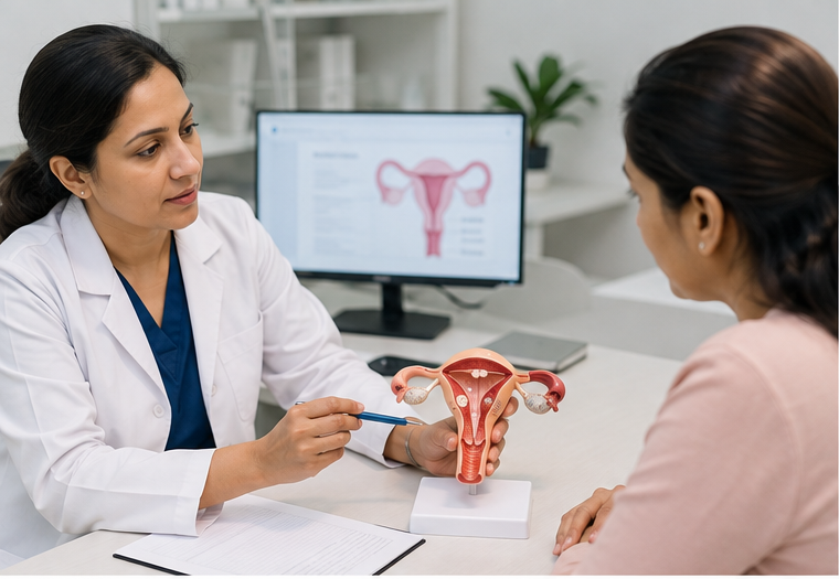 Indian gynaecologist explaining fibroid treatment to an Indian patient